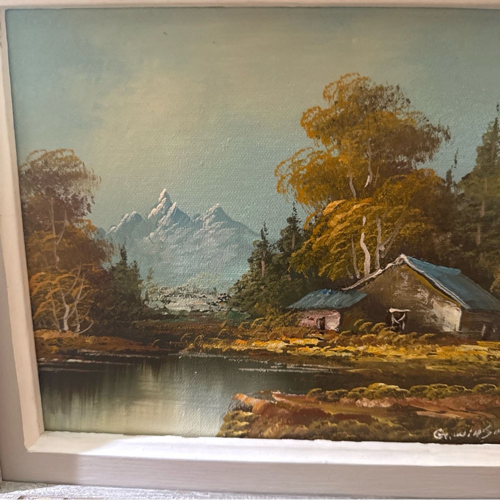 Vintage Signed Oil Painting Blue and Green Mountain Lake Cottage Oil Painting - Picture 7 of 8